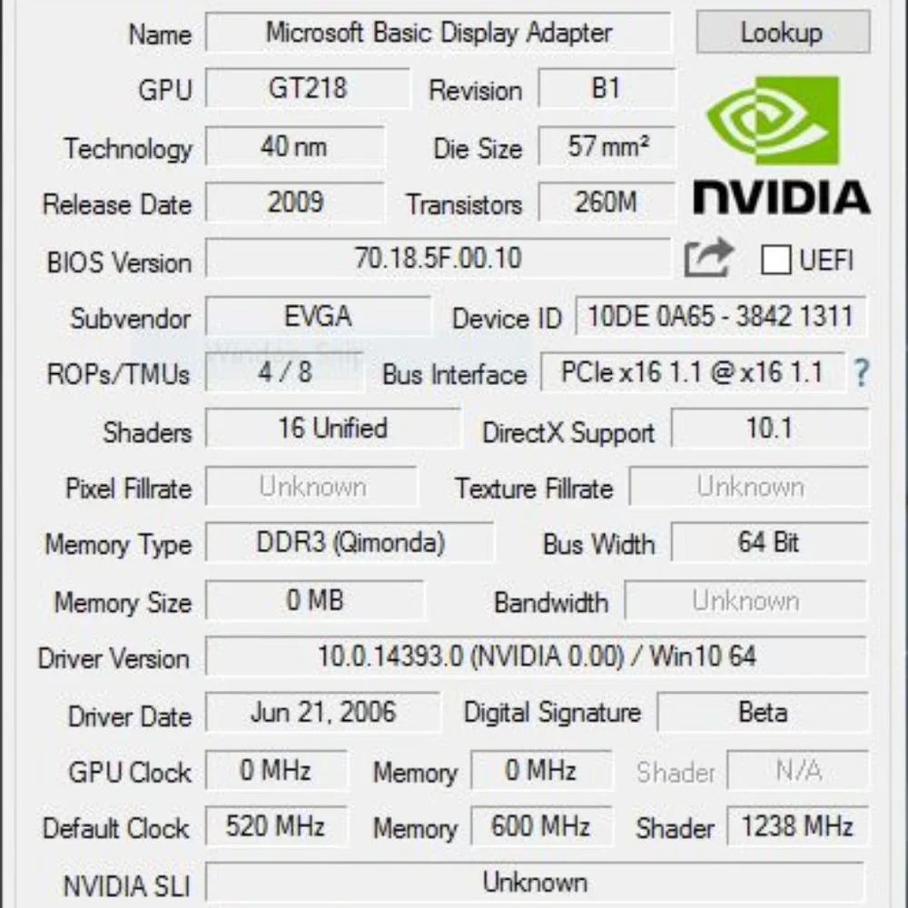 EVGA / NVIDIA GeForce 210 512MB DDR3 PCI-E Video Card P/N 512-P3-1311-KR